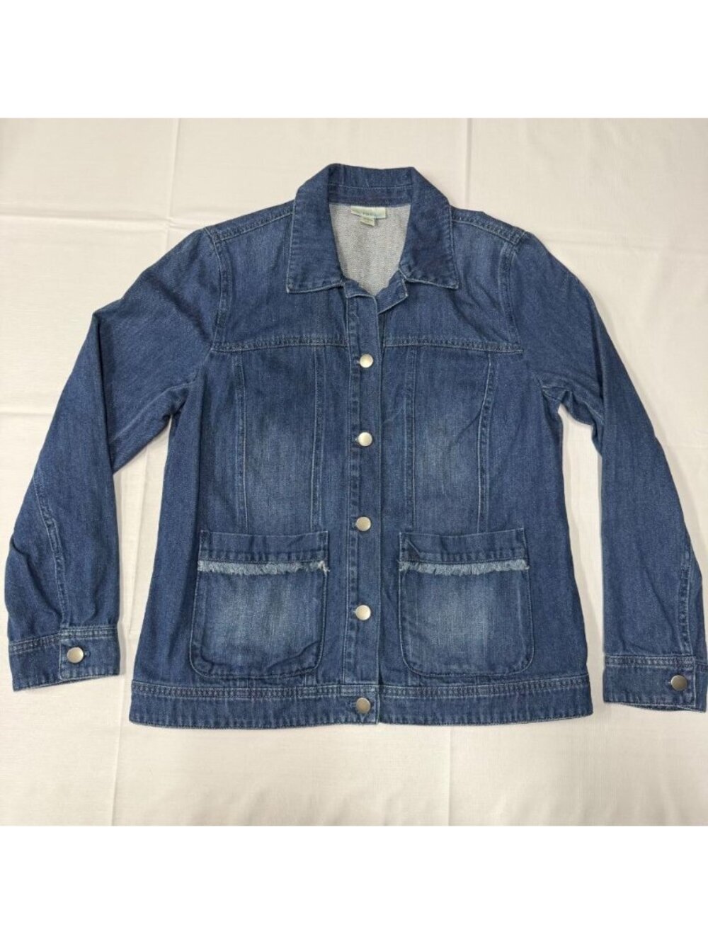 J Jill Denim Jean Jacket Women’s Small Petite Blue Frayed Details Boho Retro
